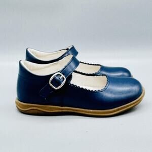 L'Amour Shoes Girls 13 Navy Blue Leather Mary Jane Buckle Scalloped Dress Flats